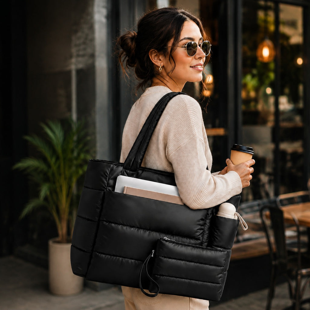 Lunavera Puffy Tote Bag for Women – Lightweight Quilted Shoulder Bag with Large Capacity, Water-Resistant Design & Matching Pouch