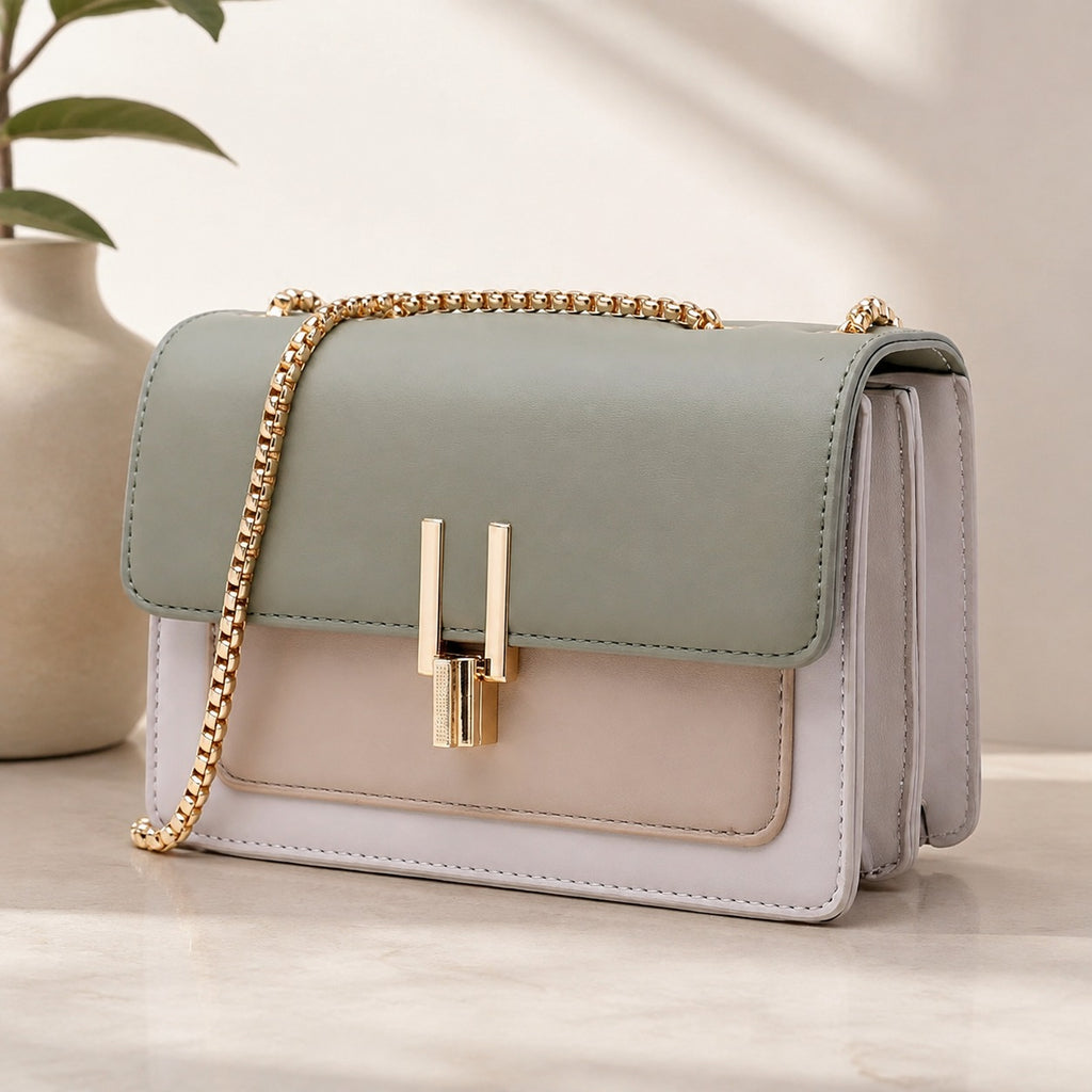Color Block Crossbody Bag for Women – Stylish Faux Leather Shoulder Purse with Turn Lock Closure