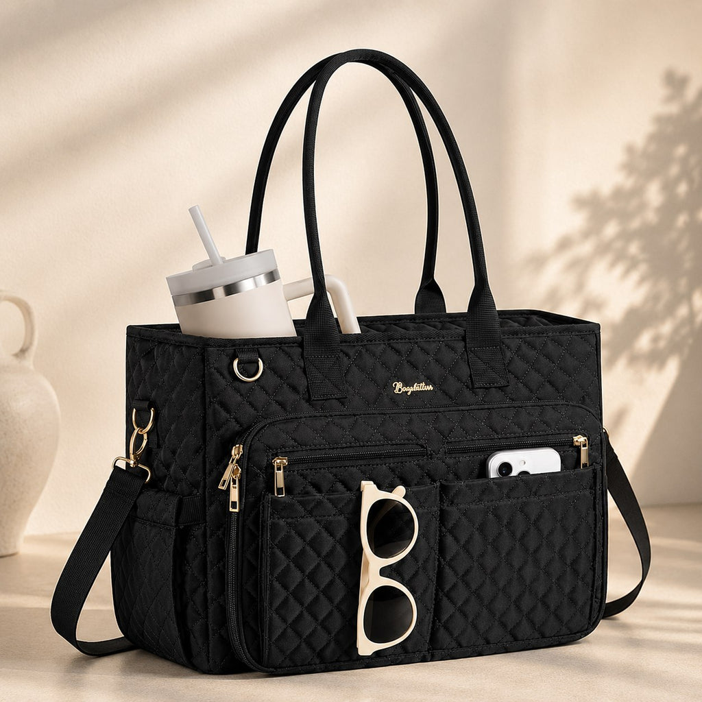 Women’s Large Quilted Work Tote Bag – 20-Pocket Laptop, Teacher & Nurse Bag