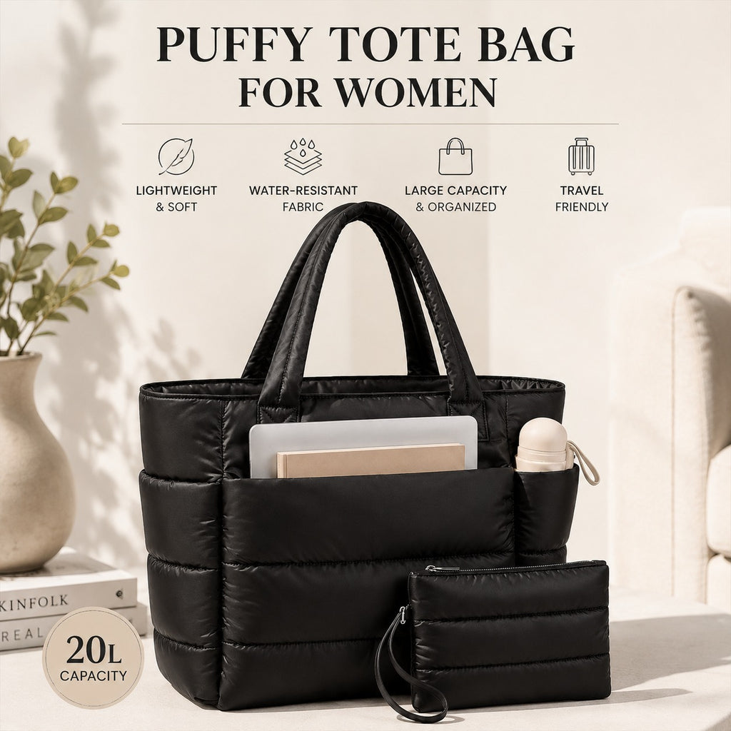Lunavera Puffy Tote Bag for Women – Lightweight Quilted Shoulder Bag with Large Capacity, Water-Resistant Design & Matching Pouch
