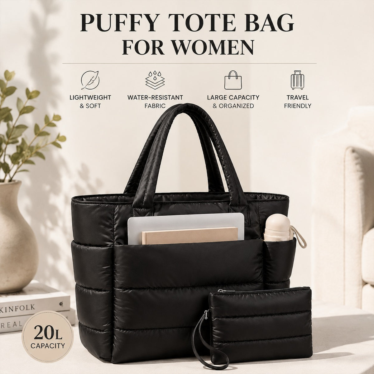 Lunavera Puffy Tote Bag for Women – Lightweight Quilted Shoulder Bag with Large Capacity, Water-Resistant Design & Matching Pouch