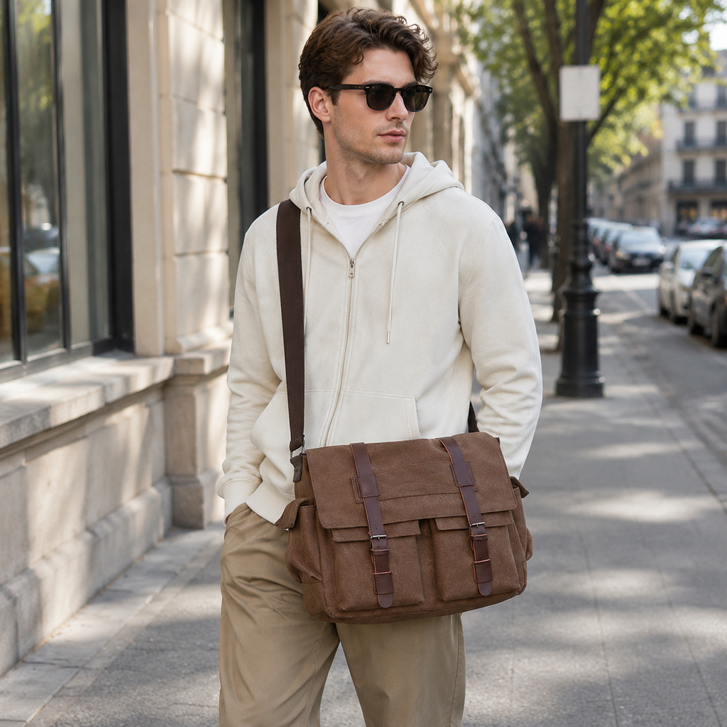 Maletín Portafolio 15.6" Impermeable – Bolso Vintage de Lona con Multicompartimentos y Gran Capacidad, Ideal para Trabajo, Viajes y Uso Diario