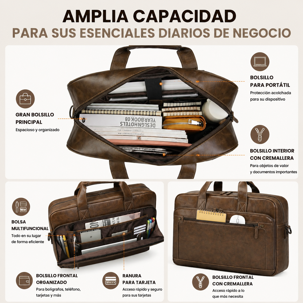 Lunavera Portafolio para Laptop de 16 Pulgadas Tipo Piel Impermeable, Marrón