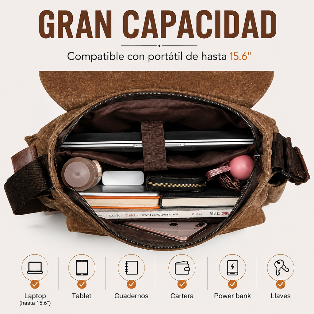 Maletín Portafolio 15.6" Impermeable – Bolso Vintage de Lona con Multicompartimentos y Gran Capacidad, Ideal para Trabajo, Viajes y Uso Diario
