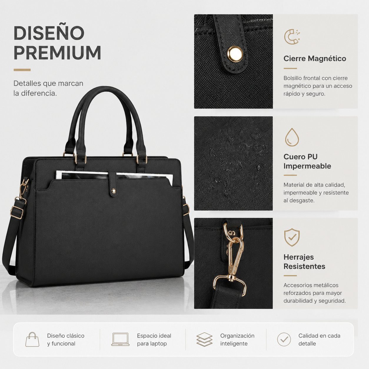 Lunavera Bolsa de Mujer para Laptop 15.6 Pulgadas Tote Bag Maletín Negro