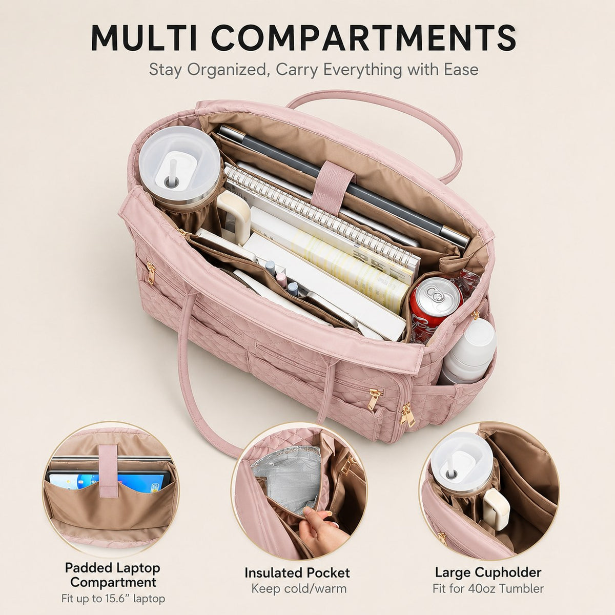 Women’s Large Quilted Work Tote Bag – 20-Pocket Laptop, Teacher & Nurse Bag