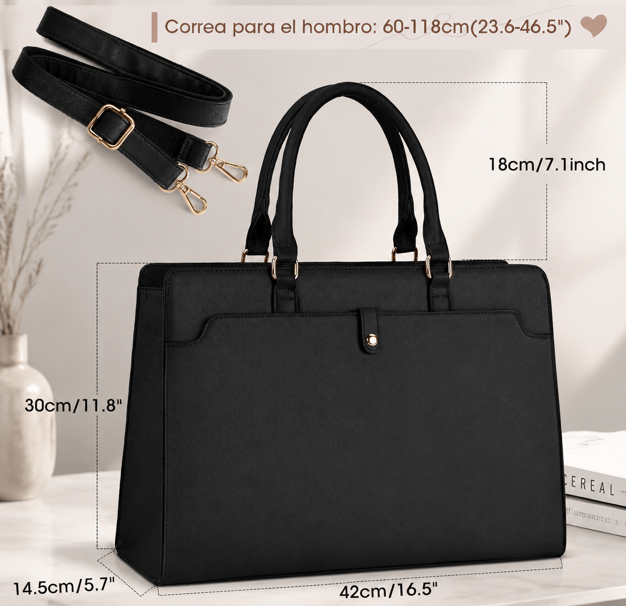 Lunavera Bolsa de Mujer para Laptop 15.6 Pulgadas Tote Bag Maletín Negro