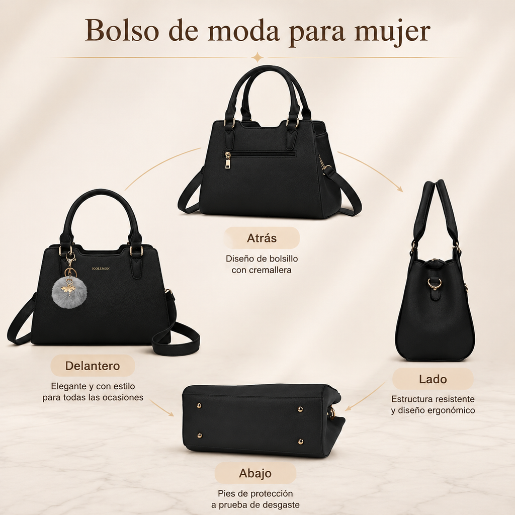 Bolso Satchel Mujer Elegante con Pompon – Diseño PU Premium con Correa Ajustable
