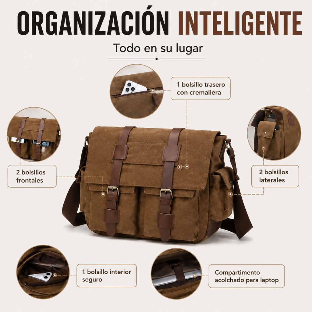 Maletín Portafolio 15.6" Impermeable – Bolso Vintage de Lona con Multicompartimentos y Gran Capacidad, Ideal para Trabajo, Viajes y Uso Diario