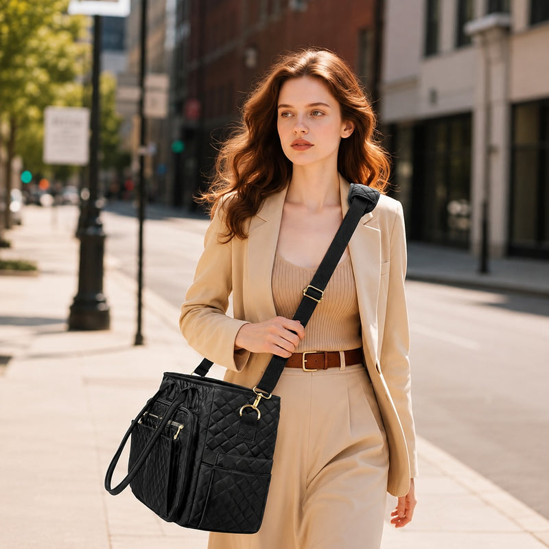 Women’s Large Quilted Work Tote Bag – 20-Pocket Laptop, Teacher & Nurse Bag