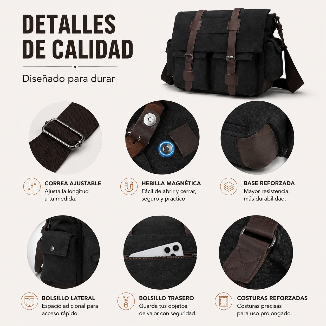 Maletín Portafolio 15.6" Impermeable – Bolso Vintage de Lona con Multicompartimentos y Gran Capacidad, Ideal para Trabajo, Viajes y Uso Diario
