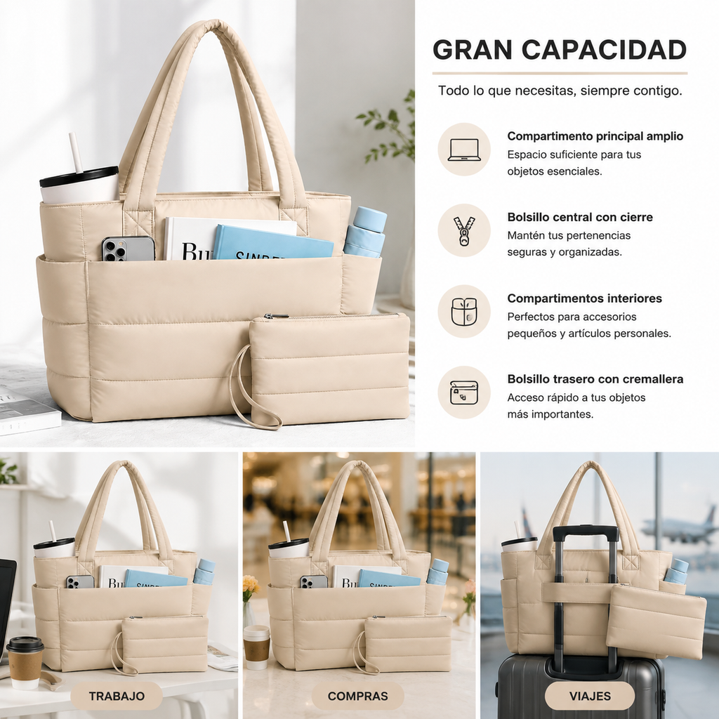 Bolso Tote Acolchado para Mujer con Gran Capacidad y Compartimento para Portátil