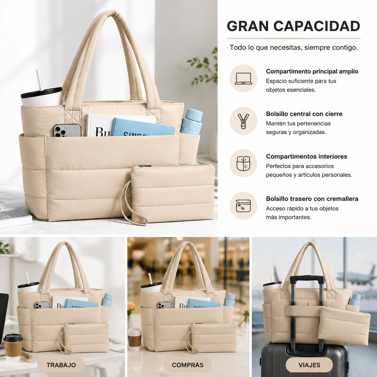 Bolso Tote Acolchado para Mujer con Gran Capacidad y Compartimento para Portátil
