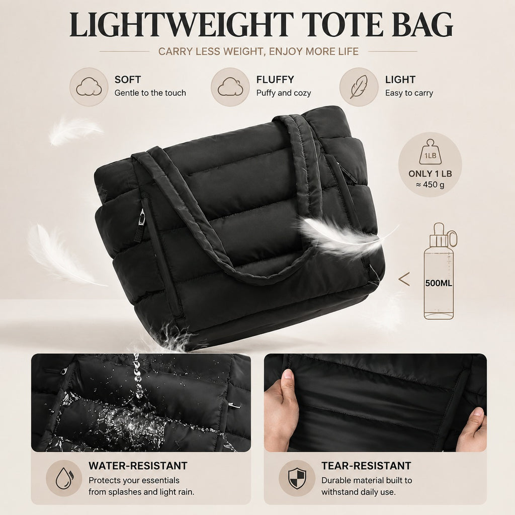 Lunavera Puffy Tote Bag for Women – Lightweight Quilted Shoulder Bag with Large Capacity, Water-Resistant Design & Matching Pouch